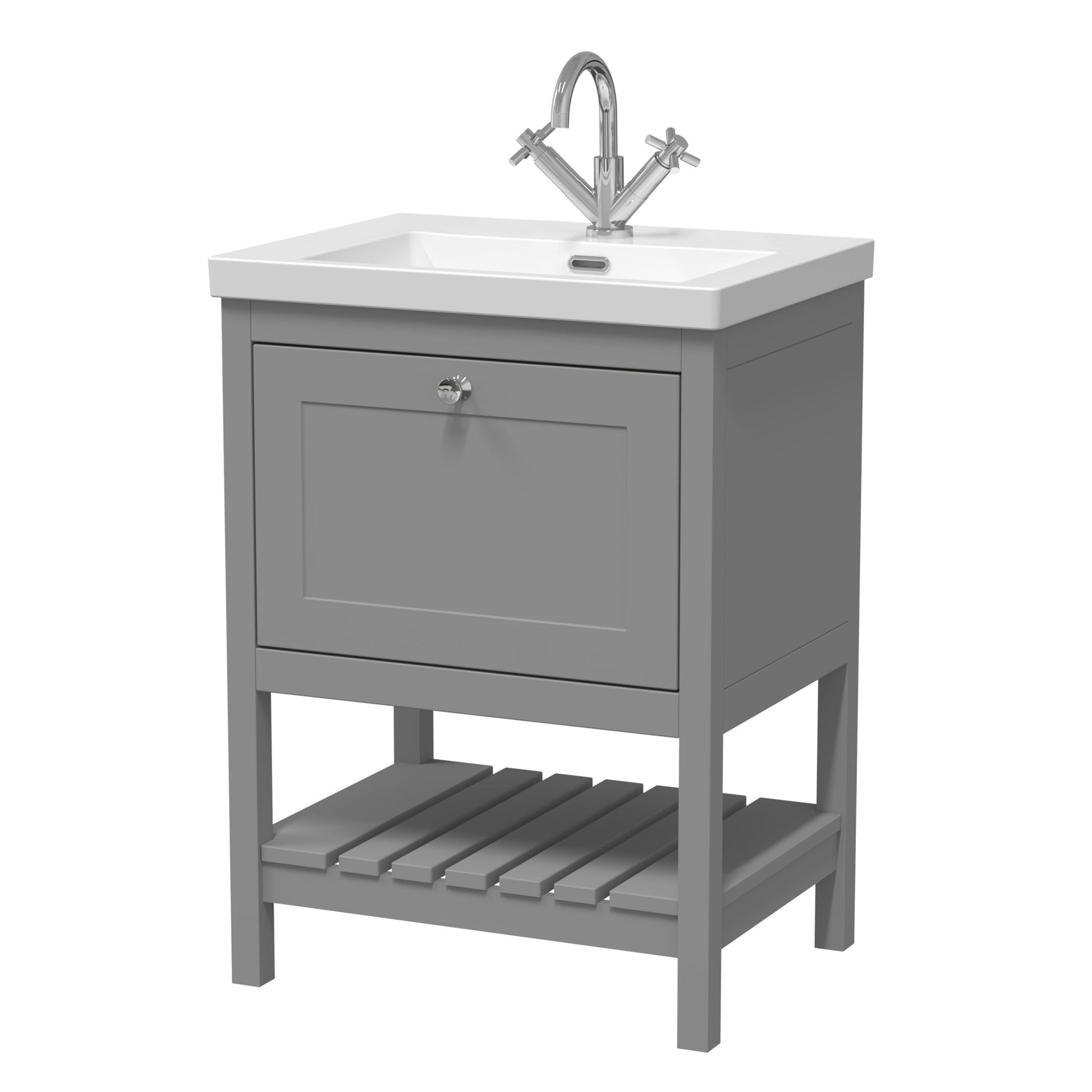 Hudson Reed Bexley 600mm Floor Standing Vanity & Basin 1th Trad Cool Grey Fireclay,MDF Vinyl Smooth Matt 845x613x462mm - JJ Building Materials