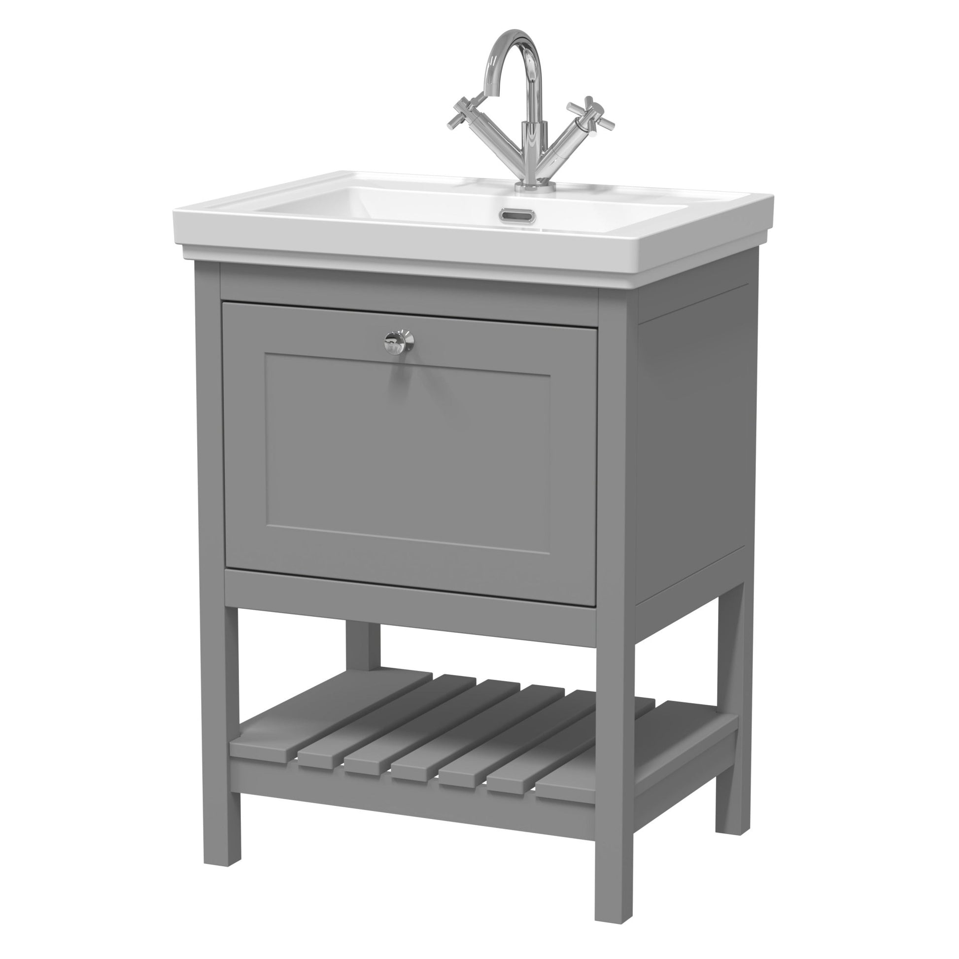 Hudson Reed Bexley 600mm Floor Standing Vanity & Basin 1th Trad Cool Grey Fireclay,MDF Vinyl Smooth Matt 865x630x471mm - JJ Building Materials