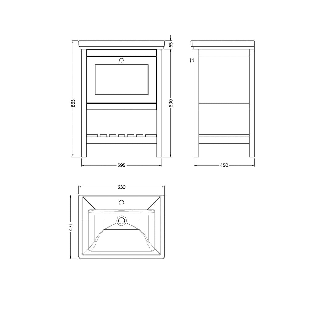 Hudson Reed Bexley 600mm Floor Standing Vanity & Basin 1th Trad Cool Grey Fireclay,MDF Vinyl Smooth Matt 865x630x471mm - JJ Building Materials