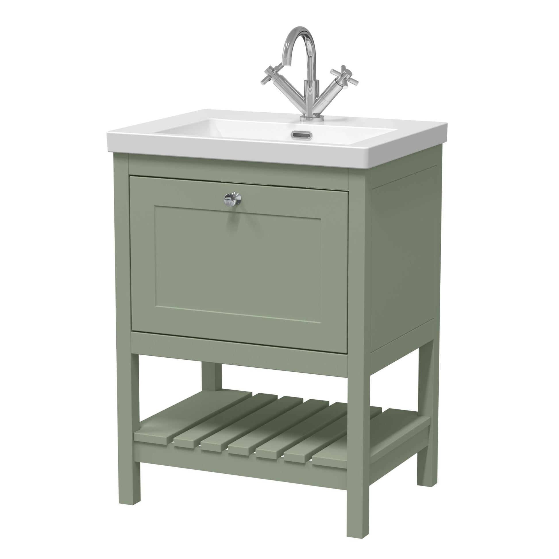 Hudson Reed Bexley 600mm Floor Standing Vanity & Basin 1th Trad Fern Green Fireclay,MDF Vinyl Smooth Matt 845x613x462mm - JJ Building Materials