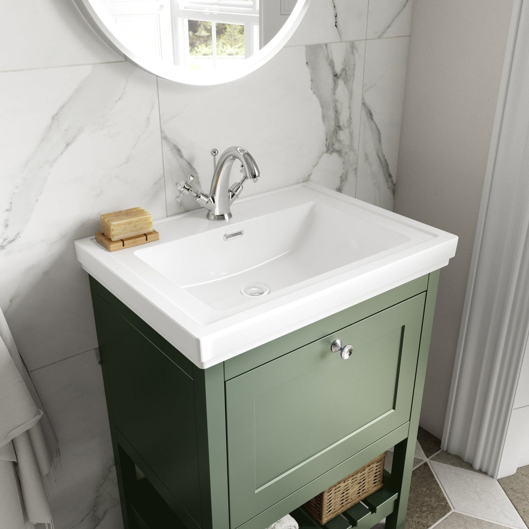Hudson Reed Bexley 600mm Floor Standing Vanity & Basin 1th Trad Fern Green Fireclay,MDF Vinyl Smooth Matt 865x630x471mm - JJ Building Materials