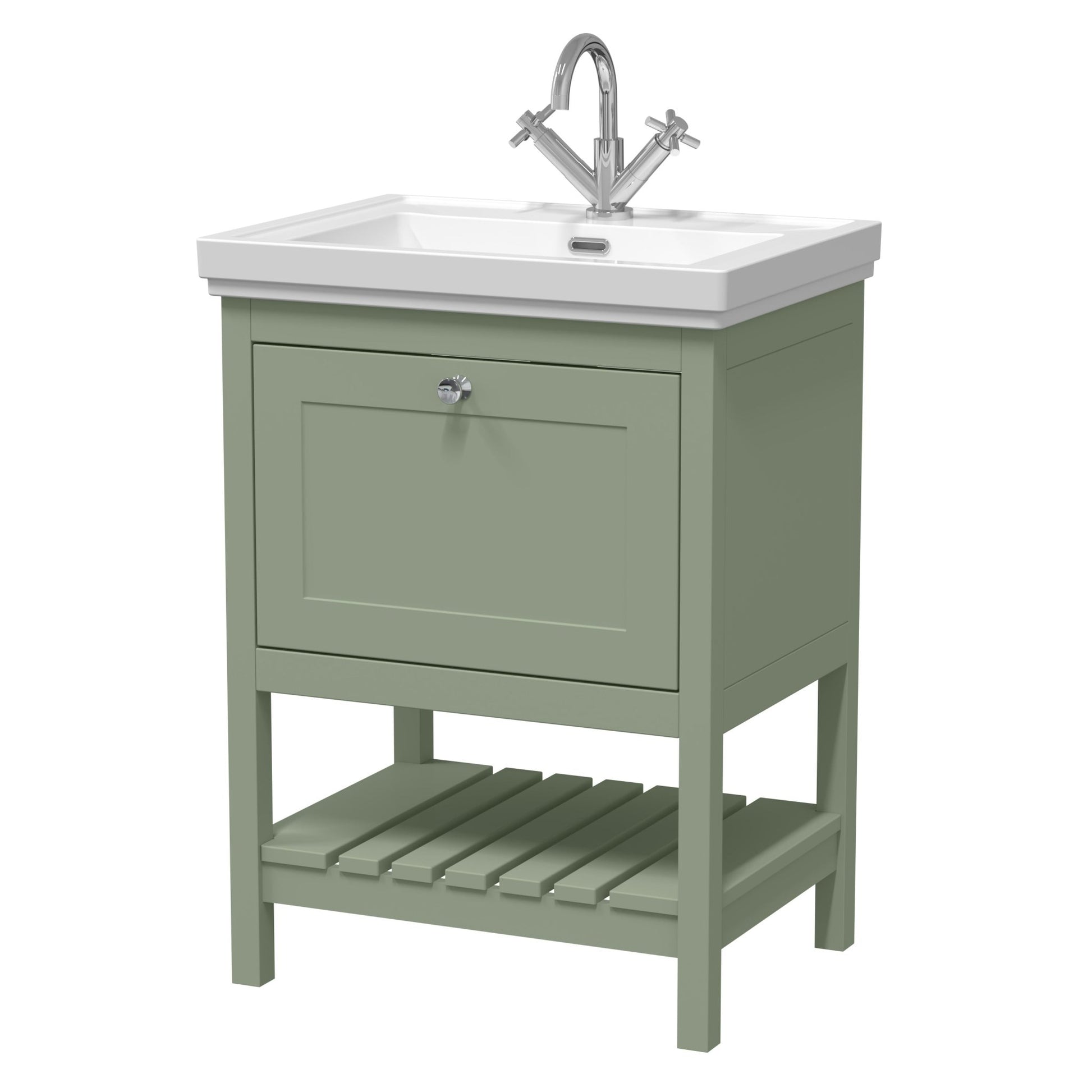 Hudson Reed Bexley 600mm Floor Standing Vanity & Basin 1th Trad Fern Green Fireclay,MDF Vinyl Smooth Matt 865x630x471mm - JJ Building Materials
