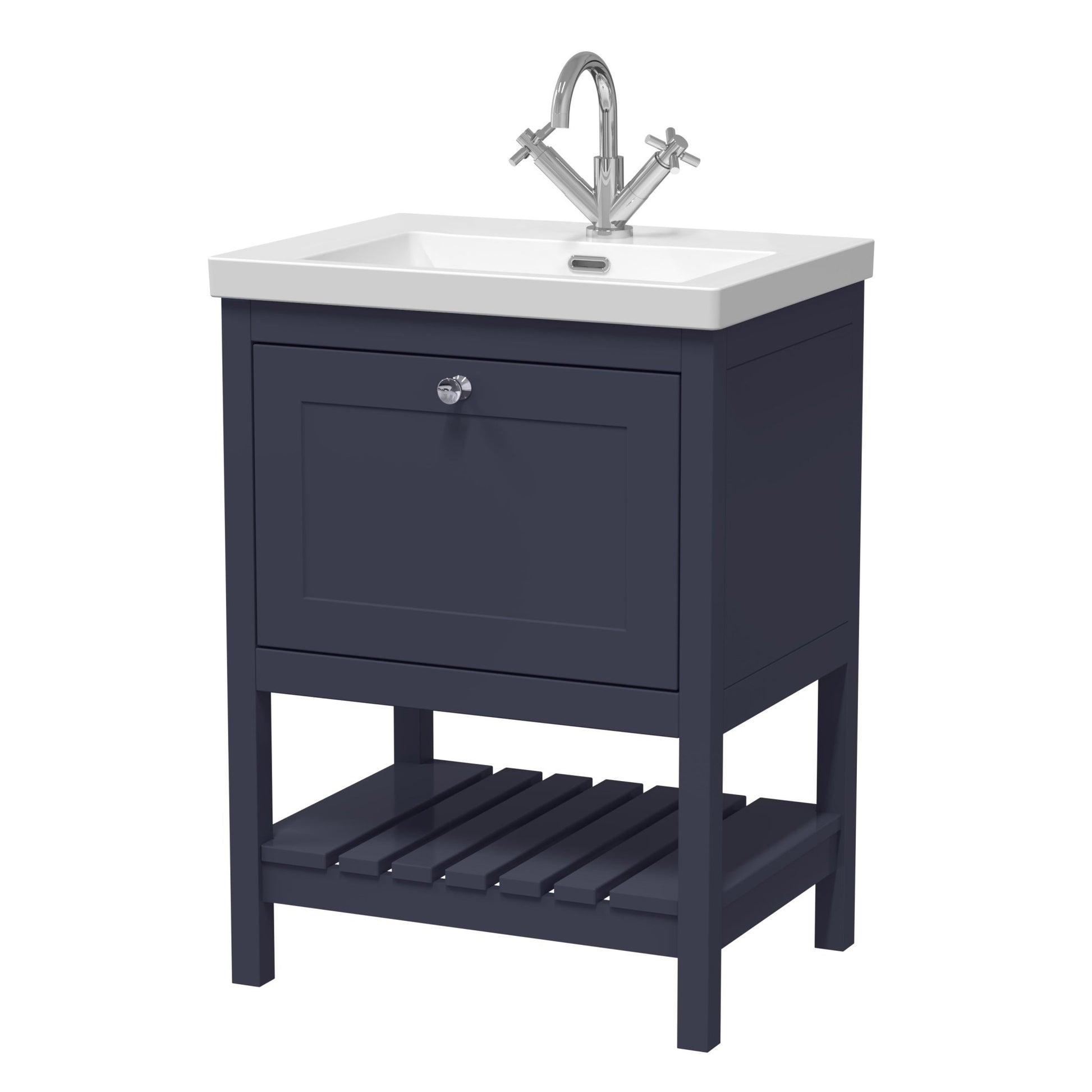 Hudson Reed Bexley 600mm Floor Standing Vanity & Basin 1th Trad Indigo Blue Fireclay,MDF Vinyl Smooth Matt 845x613x462mm - JJ Building Materials