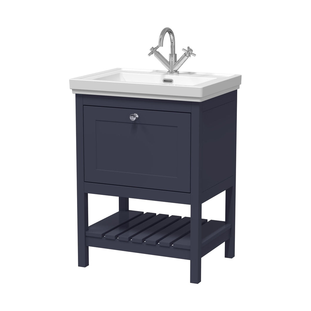 Hudson Reed Bexley 600mm Floor Standing Vanity & Basin 1th Trad Indigo Blue Fireclay,MDF Vinyl Smooth Matt 865x630x471mm - JJ Building Materials