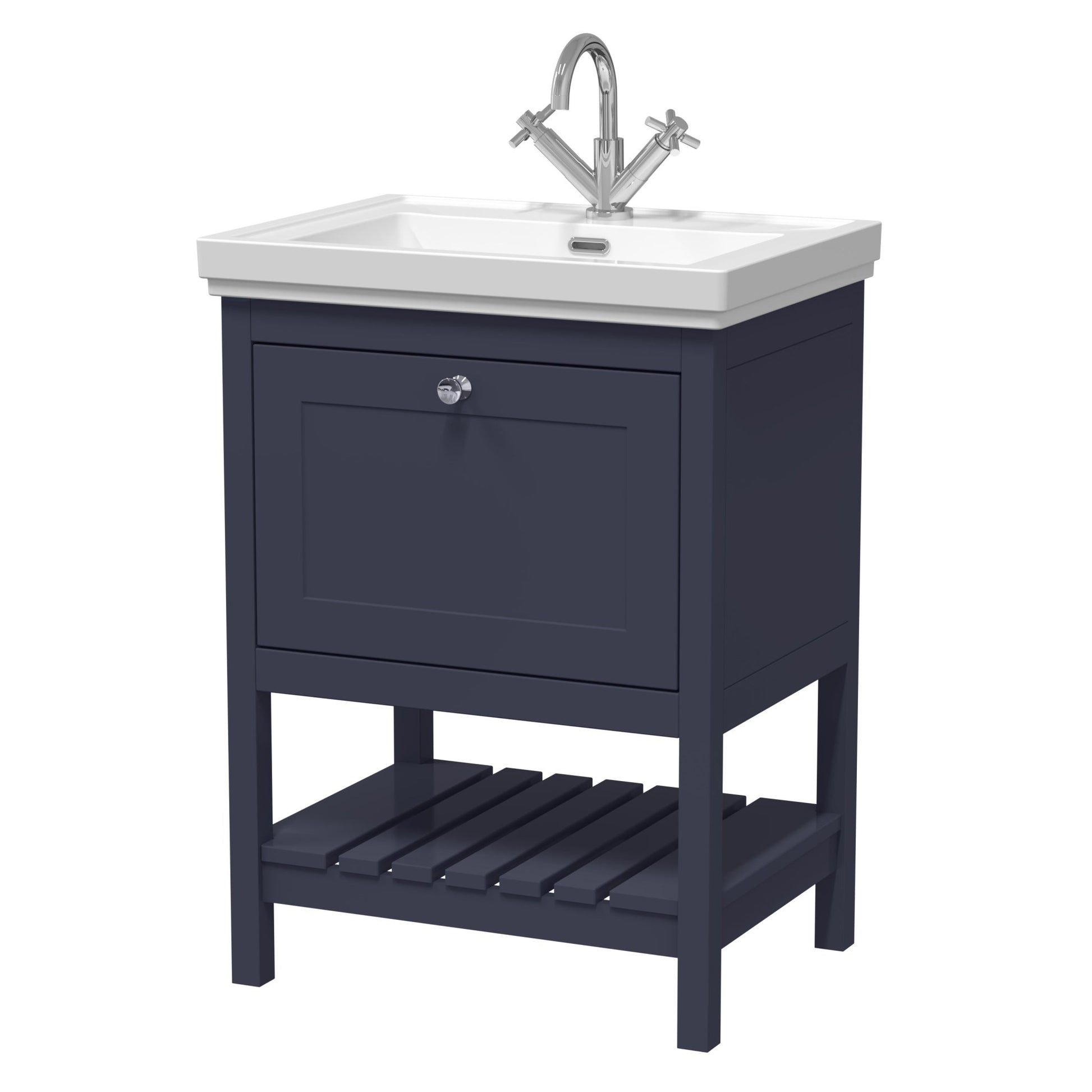 Hudson Reed Bexley 600mm Floor Standing Vanity & Basin 1th Trad Indigo Blue Fireclay,MDF Vinyl Smooth Matt 865x630x471mm - JJ Building Materials