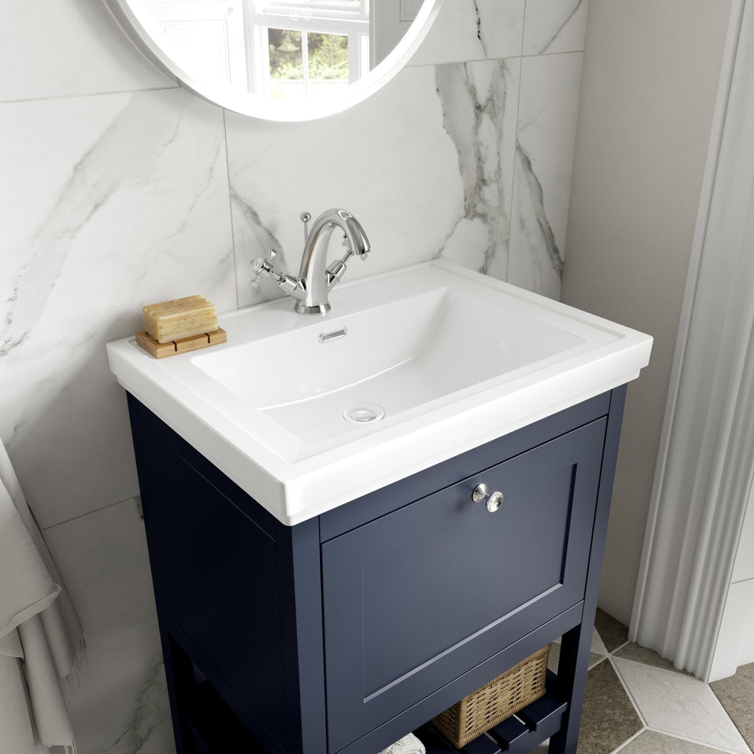 Hudson Reed Bexley 600mm Floor Standing Vanity & Basin 1th Trad Indigo Blue Fireclay,MDF Vinyl Smooth Matt 865x630x471mm - JJ Building Materials