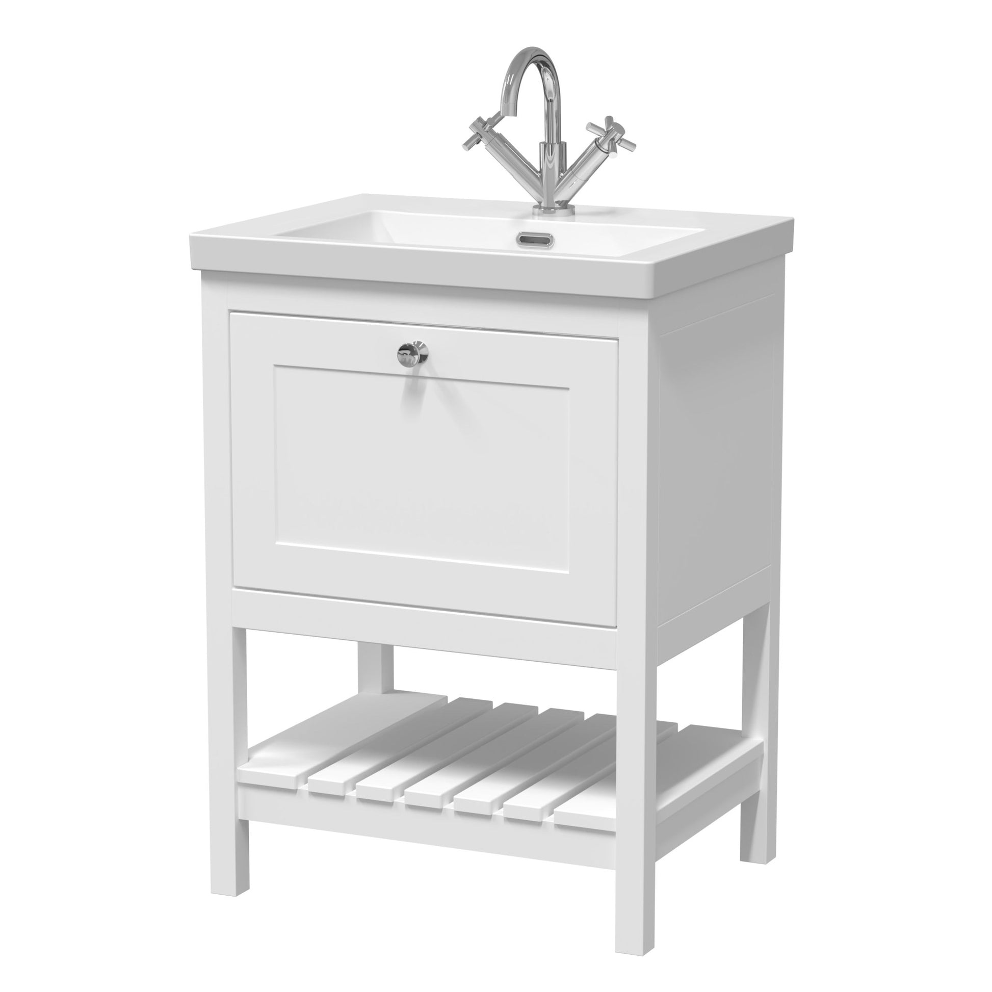 Hudson Reed Bexley 600mm Floor Standing Vanity & Basin 1th Trad Pure White Fireclay,MDF Vinyl Smooth Matt 845x613x462mm - JJ Building Materials