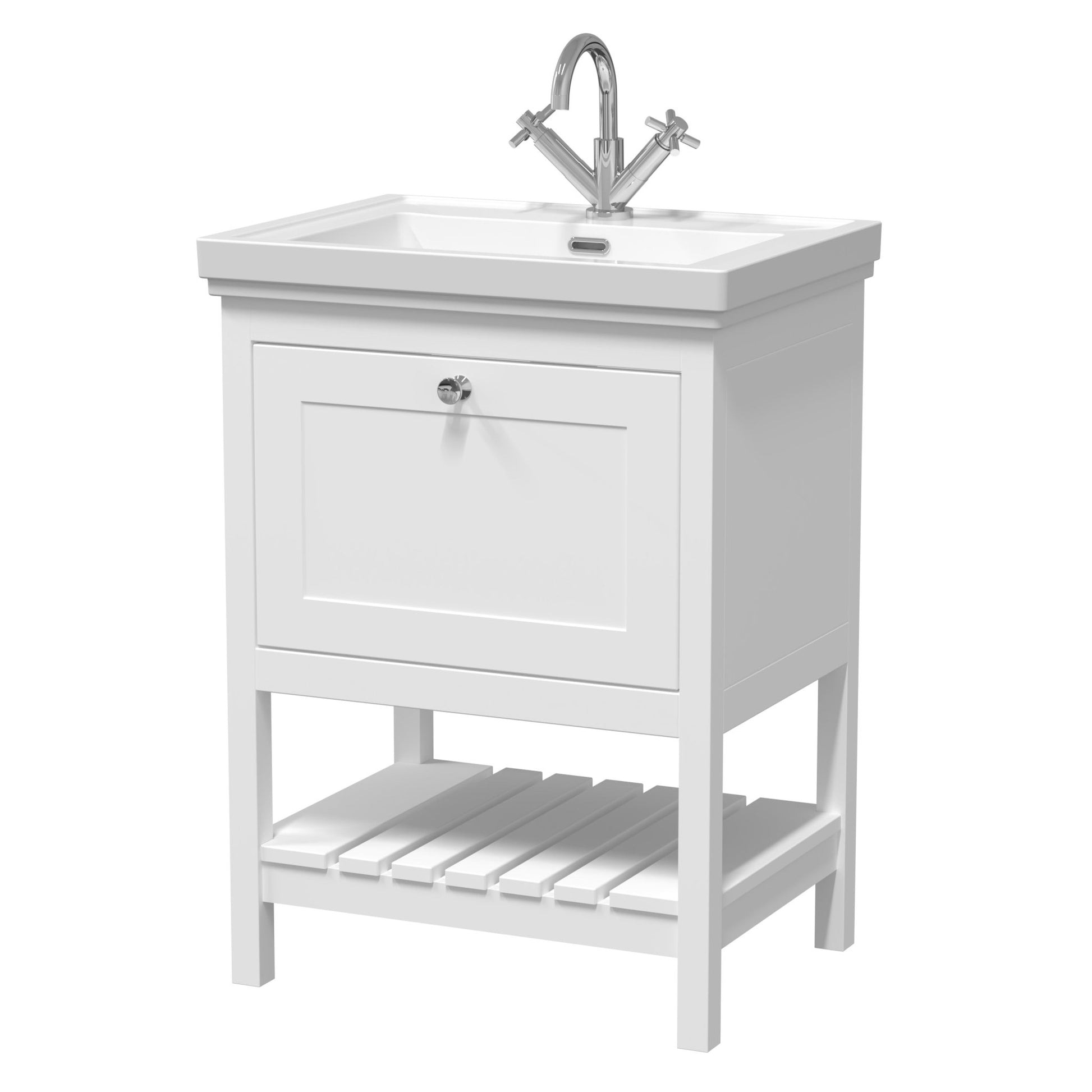 Hudson Reed Bexley 600mm Floor Standing Vanity & Basin 1th Trad Pure White Fireclay,MDF Vinyl Smooth Matt 865x630x471mm - JJ Building Materials