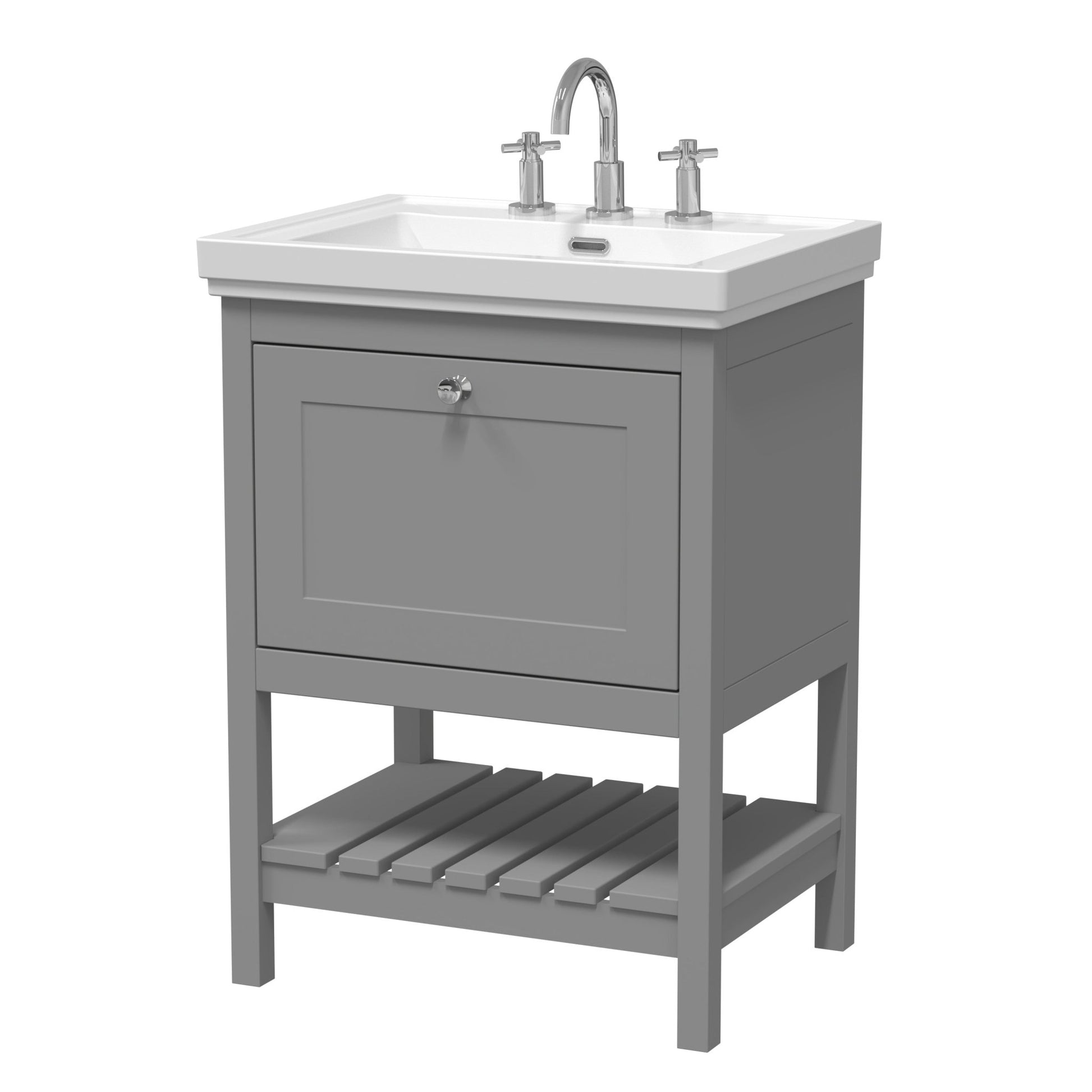 Hudson Reed Bexley 600mm Floor Standing Vanity & Basin 3th Trad Cool Grey Fireclay,MDF Vinyl Smooth Matt 865x630x471mm - JJ Building Materials