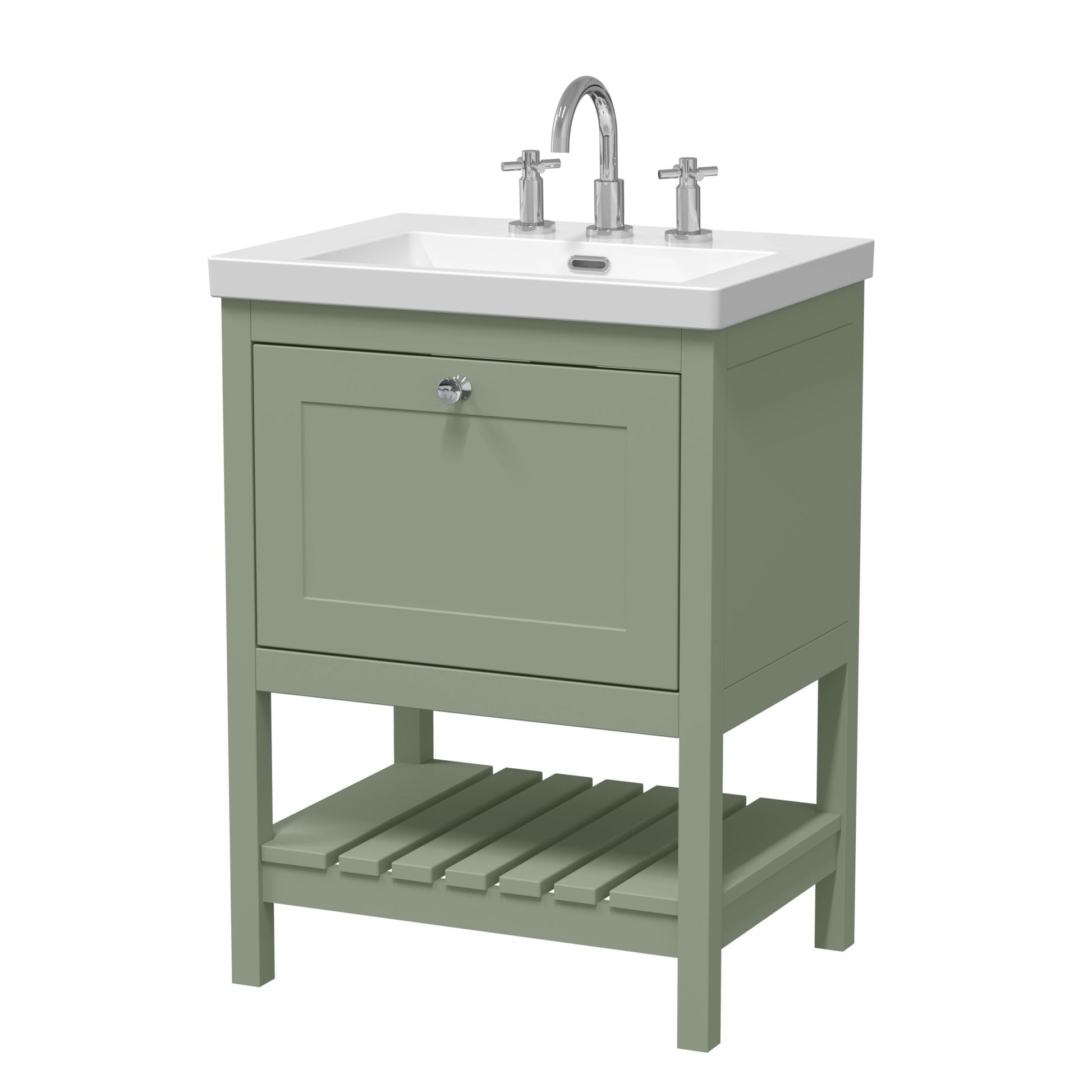 Hudson Reed Bexley 600mm Floor Standing Vanity & Basin 3th Trad Fern Green Fireclay,MDF Vinyl Smooth Matt 845x613x462mm - JJ Building Materials