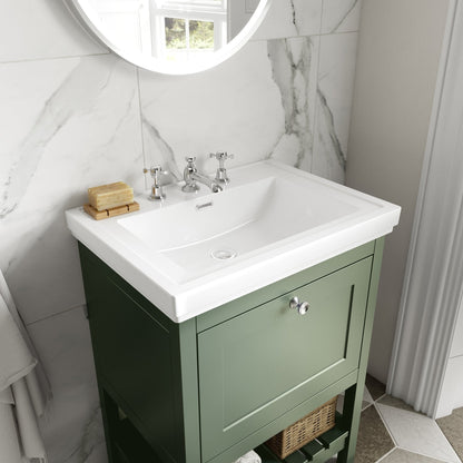 Hudson Reed Bexley 600mm Floor Standing Vanity & Basin 3th Trad Fern Green Fireclay,MDF Vinyl Smooth Matt 865x630x471mm - JJ Building Materials