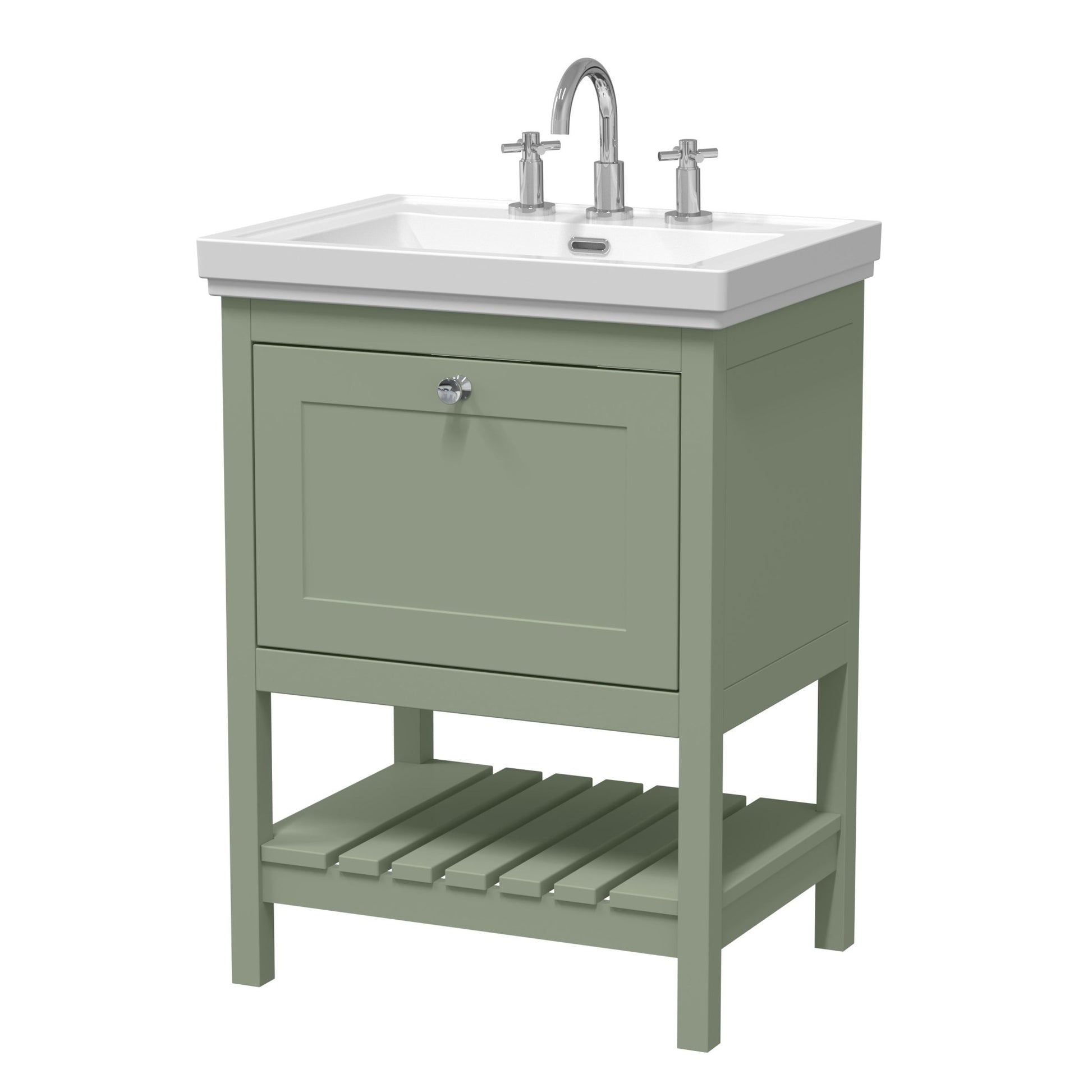 Hudson Reed Bexley 600mm Floor Standing Vanity & Basin 3th Trad Fern Green Fireclay,MDF Vinyl Smooth Matt 865x630x471mm - JJ Building Materials