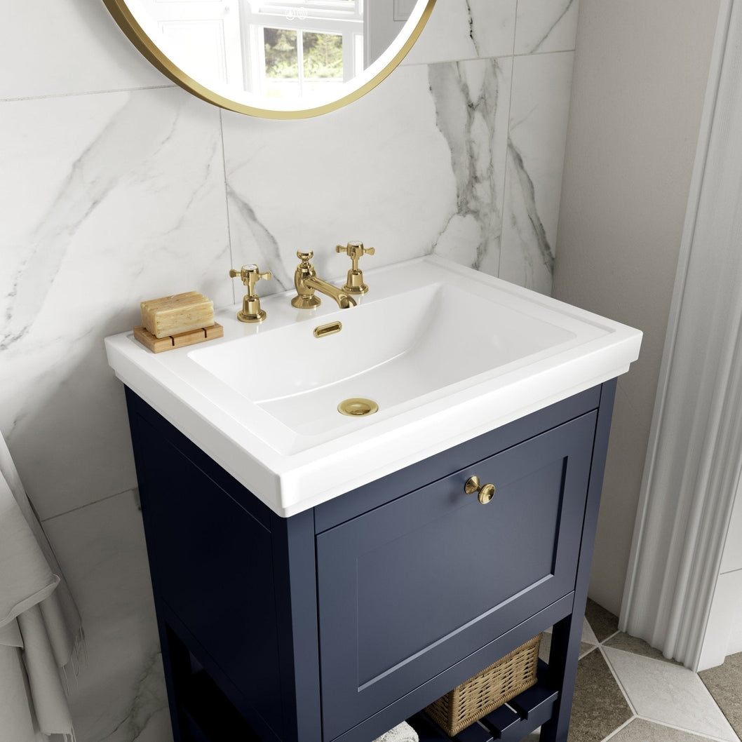 Hudson Reed Bexley 600mm Floor Standing Vanity & Basin 3th Trad Indigo Blue Fireclay,MDF Vinyl Smooth Matt 865x630x471mm - JJ Building Materials