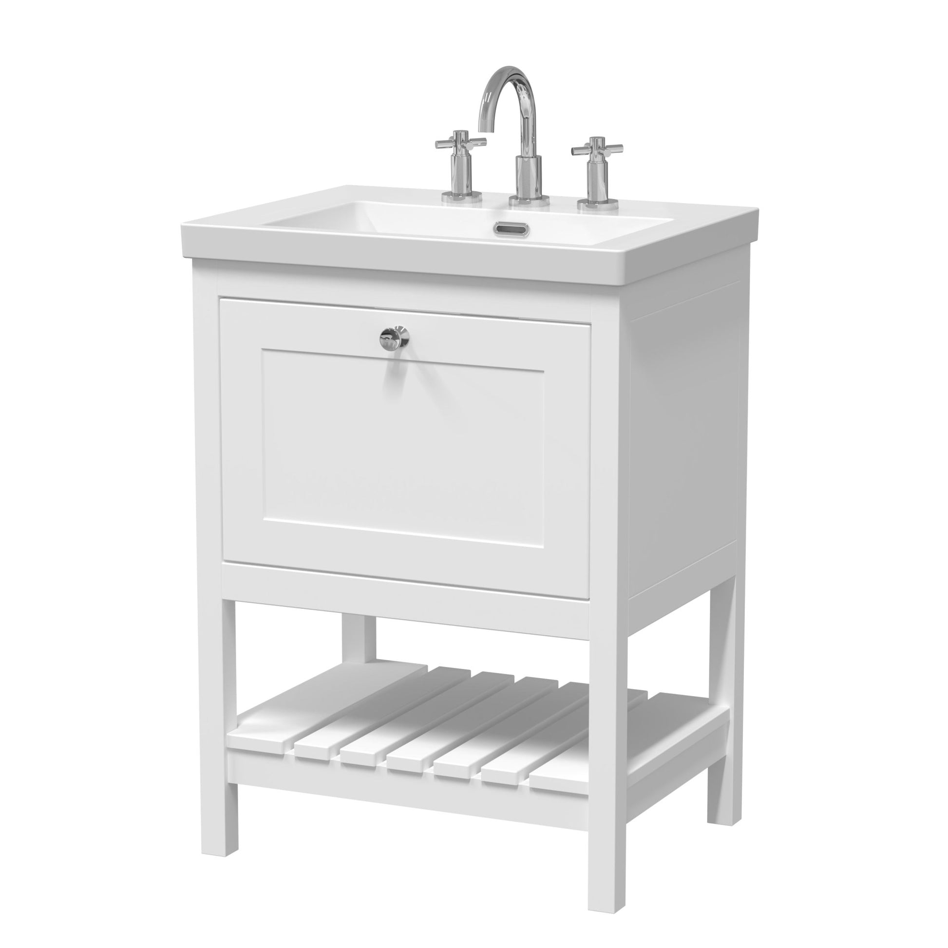 Hudson Reed Bexley 600mm Floor Standing Vanity & Basin 3th Trad Pure White Fireclay,MDF Vinyl Smooth Matt 845x613x462mm - JJ Building Materials