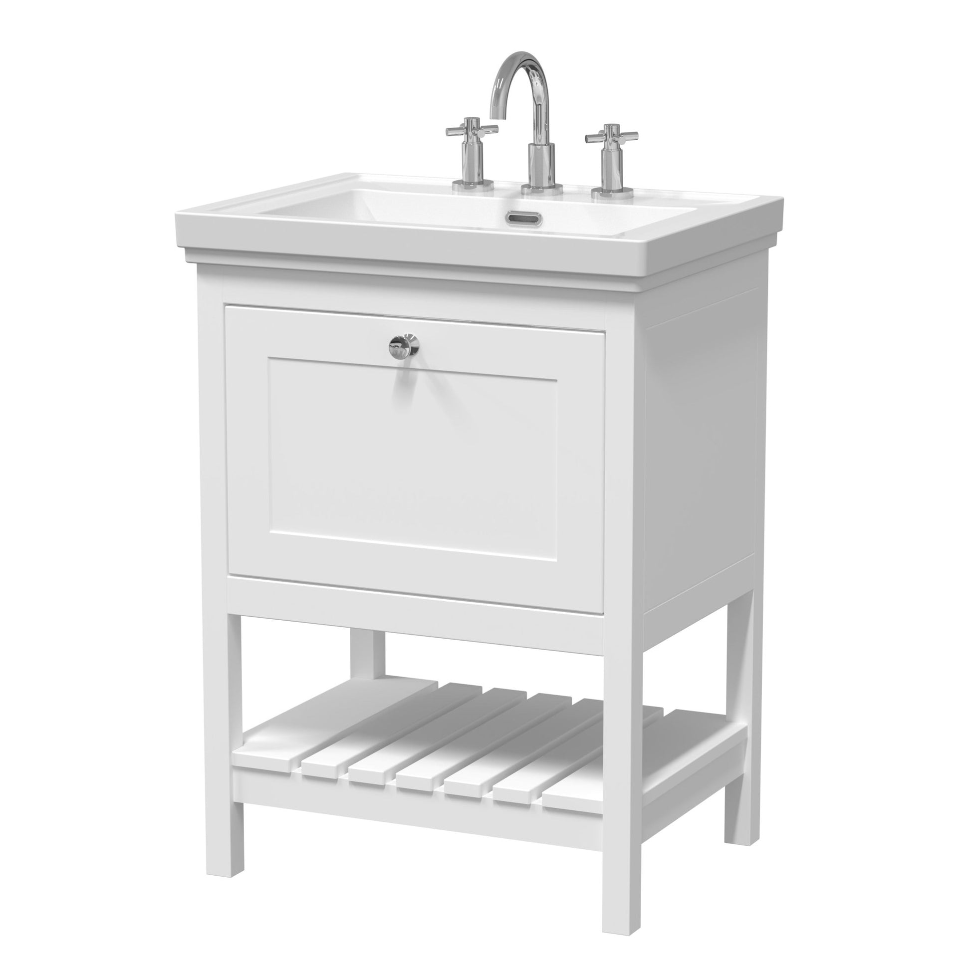 Hudson Reed Bexley 600mm Floor Standing Vanity & Basin 3th Trad Pure White Fireclay,MDF Vinyl Smooth Matt 865x630x471mm - JJ Building Materials