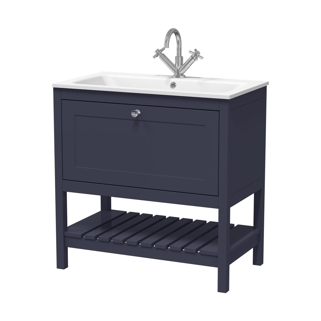 Hudson Reed Bexley 800mm Floor Standing Drawer & Stone Basin 1th Trad Indigo Blue MDF Vinyl Smooth Matt,stone 816x810x460mm - BEX327P - JJ Building Materials