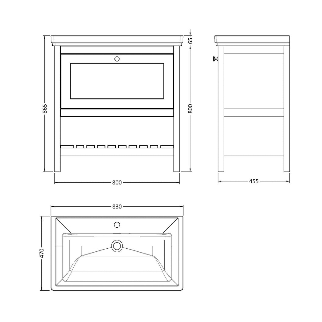 Hudson Reed Bexley 800mm Floor Standing Vanity & Basin 1th Trad Indigo Blue Fireclay,MDF Vinyl Smooth Matt 865x830x470mm - JJ Building Materials