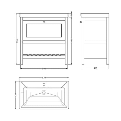 Hudson Reed Bexley 800mm Floor Standing Vanity & Basin 1th Trad Indigo Blue Fireclay,MDF Vinyl Smooth Matt 865x830x470mm - JJ Building Materials