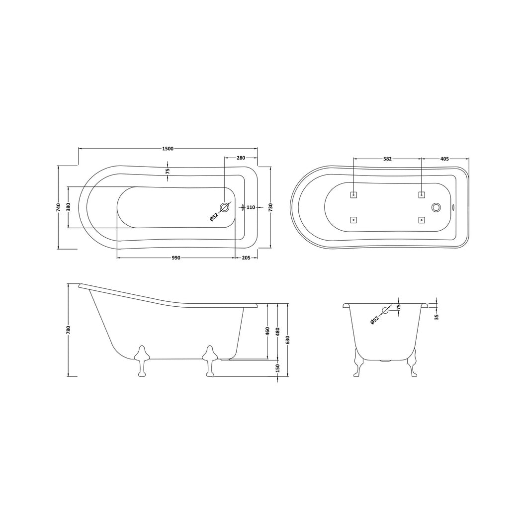 Hudson Reed Brockley Freestanding Bath - Corbel Leg Set (1500mm) Trad White Acrylic - JJ Building Materials