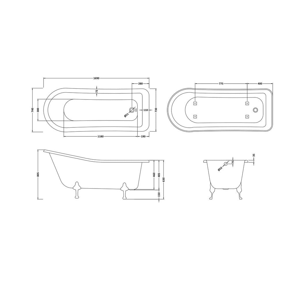 Hudson Reed Brockley Freestanding Bath - Pride Leg Set (1700mm) Trad White Acrylic - JJ Building Materials