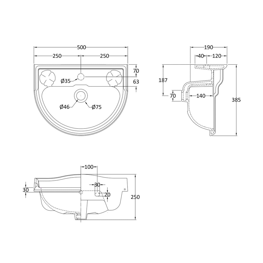 Hudson Reed Chancery 500mm Basin (1 Tap Hole) Trad White Vitreous China 250x500x400mm - JJ Building Materials