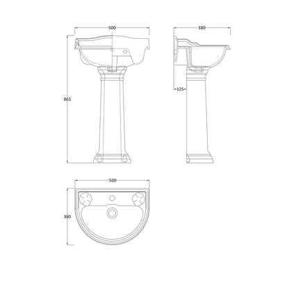 Hudson Reed Chancery 500mm Basin & Pedestal (1 Tap Hole) Trad White Vitreous China 855x500x400mm - JJ Building Materials