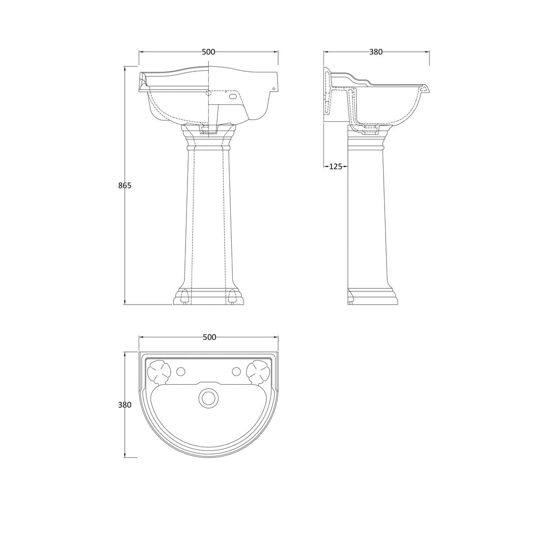 Hudson Reed Chancery 500mm Basin & Pedestal (2 Tap Hole) Trad White Vitreous China 855x500x400mm - JJ Building Materials
