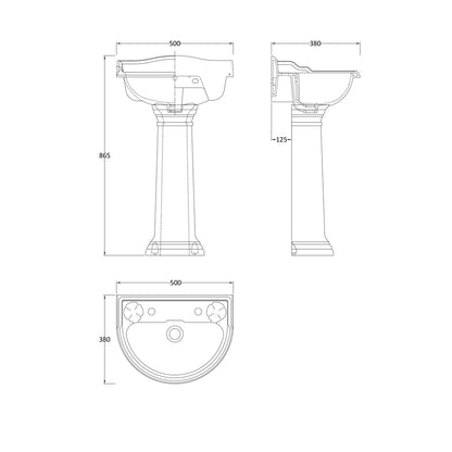 Hudson Reed Chancery 500mm Basin & Pedestal (2 Tap Hole) Trad White Vitreous China 855x500x400mm - JJ Building Materials