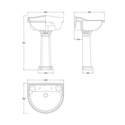 Hudson Reed Chancery 600mm Basin & Pedestal (2 Tap Hole) Trad White Vitreous China 925x600x490mm - JJ Building Materials