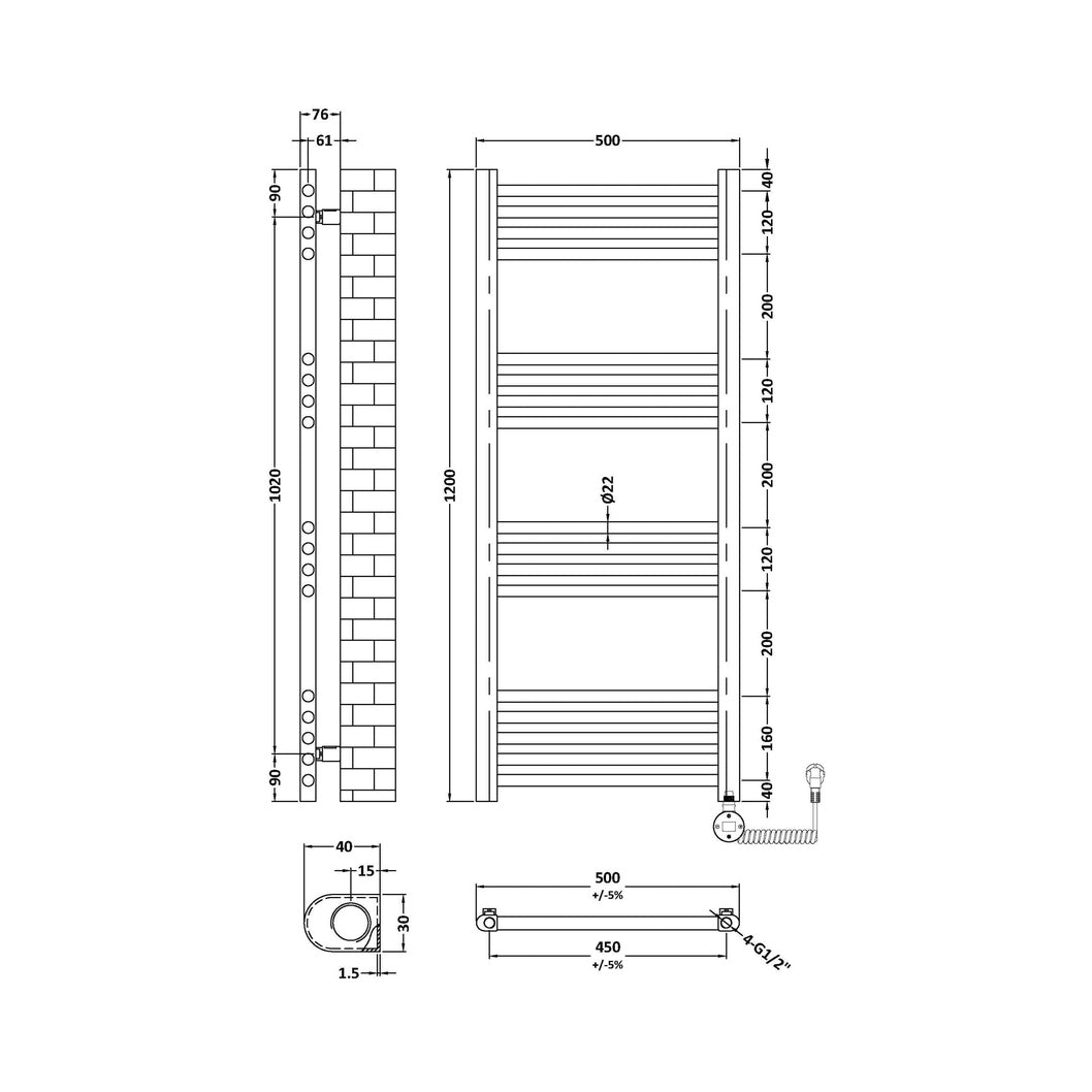 Hudson Reed Electric Bar Towel Rails Round Straight Towel Radiator 1200x500 Contemp Brushed Brass Steel 1200x500x30mm - JJ Building Materials