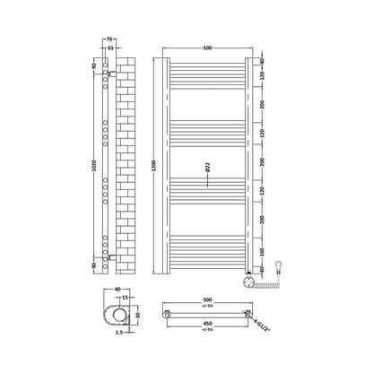 Hudson Reed Electric Bar Towel Rails Round Straight Towel Radiator 1200x500 Contemp Brushed Brass Steel 1200x500x30mm - JJ Building Materials