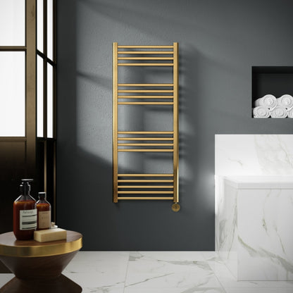 Hudson Reed Electric Bar Towel Rails Round Straight Towel Radiator 1200x500 Contemp Brushed Brass Steel 1200x500x30mm - JJ Building Materials