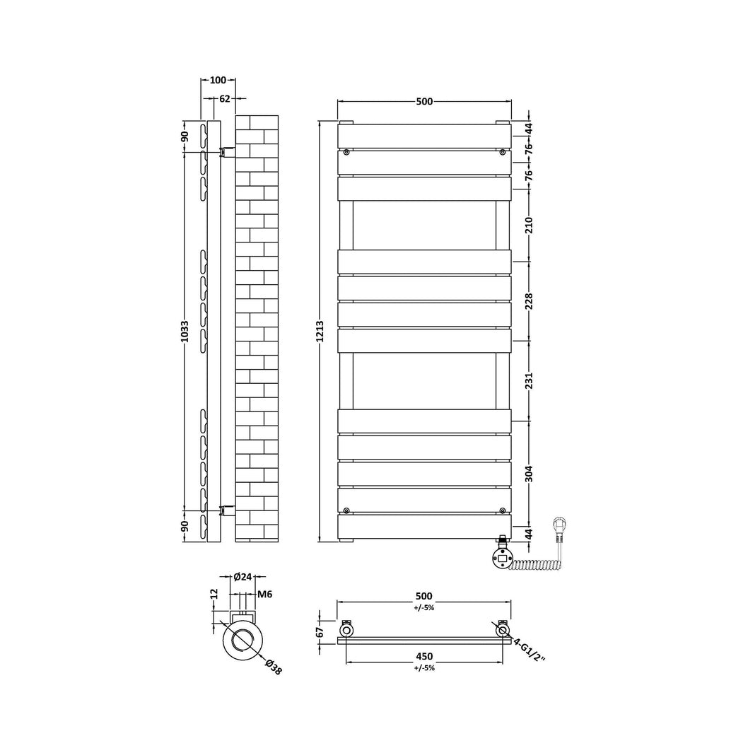 Hudson Reed Electric Flat Panel Towel Rails Square Flat Towel Radiator 1213x500 Contemp Anthracite Steel 1213x500x30mm - JJ Building Materials