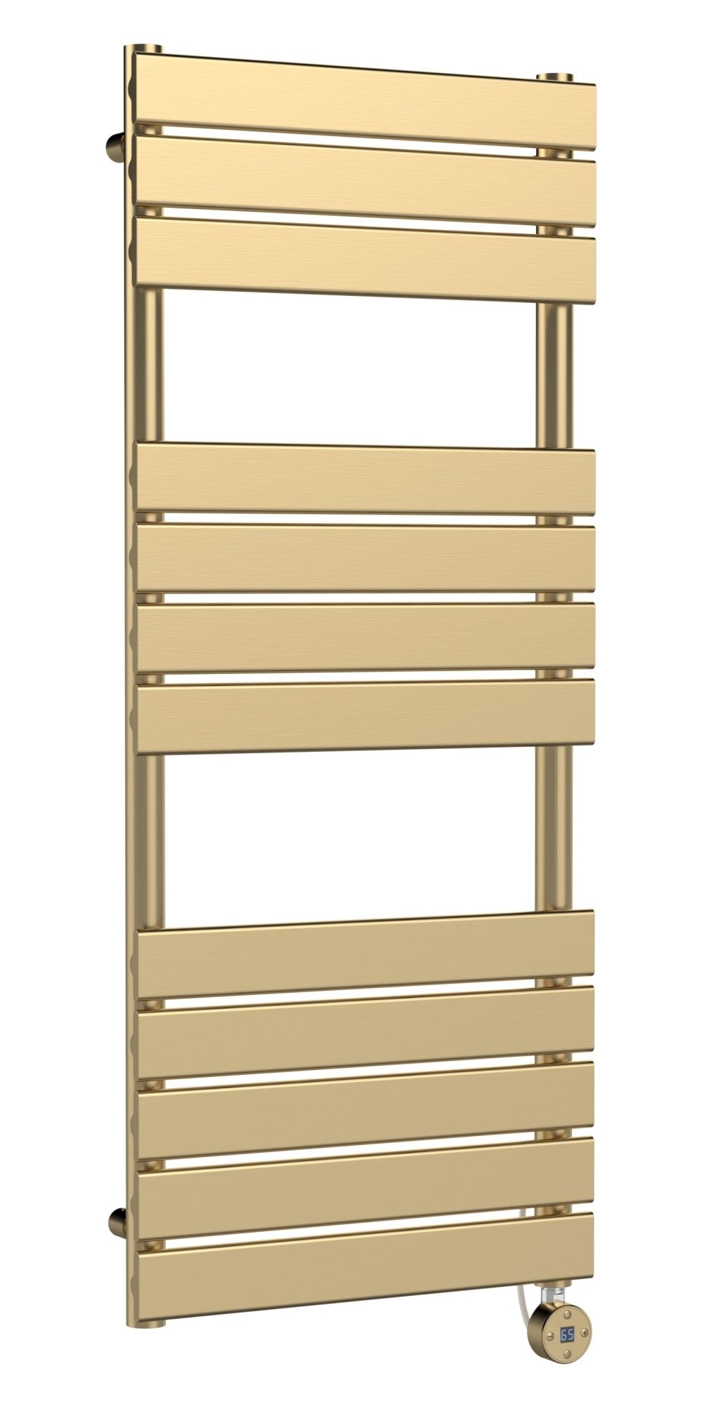 Hudson Reed Electric Flat Panel Towel Rails Square Flat Towel Radiator 1213x500 Contemp Brushed Brass Steel 1213x500x30mm - JJ Building Materials