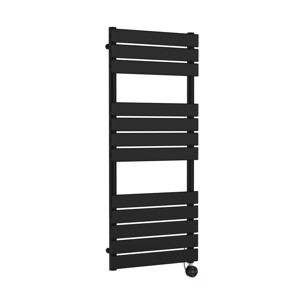 Hudson Reed Electric Flat Panel Towel Rails Square Flat Towel Radiator 1213x500 Contemp Matt Black Steel 1213x500x30mm - JJ Building Materials