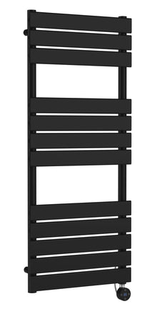Hudson Reed Electric Flat Panel Towel Rails Square Flat Towel Radiator 1213x500 Contemp Matt Black Steel 1213x500x30mm - JJ Building Materials
