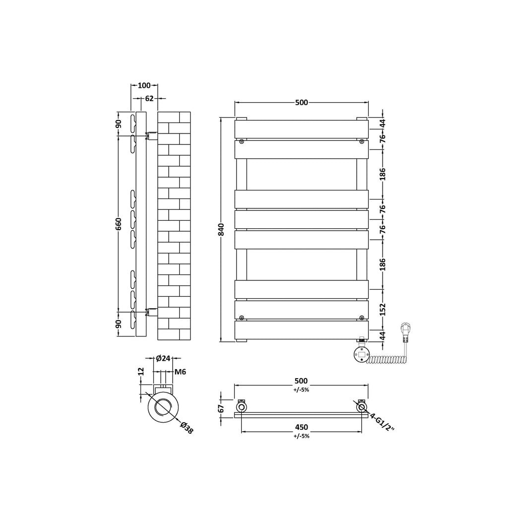 Hudson Reed Electric Flat Panel Towel Rails Square Flat Towel Radiator 840x500 Contemp Anthracite Steel 840x500x30mm - JJ Building Materials