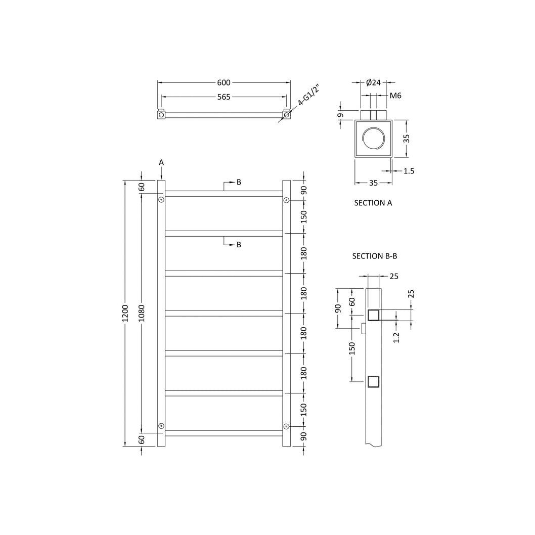 Hudson Reed Eton Heated Towel Rail Contemp Chrome Steel 1200x600x40mm - JJ Building Materials