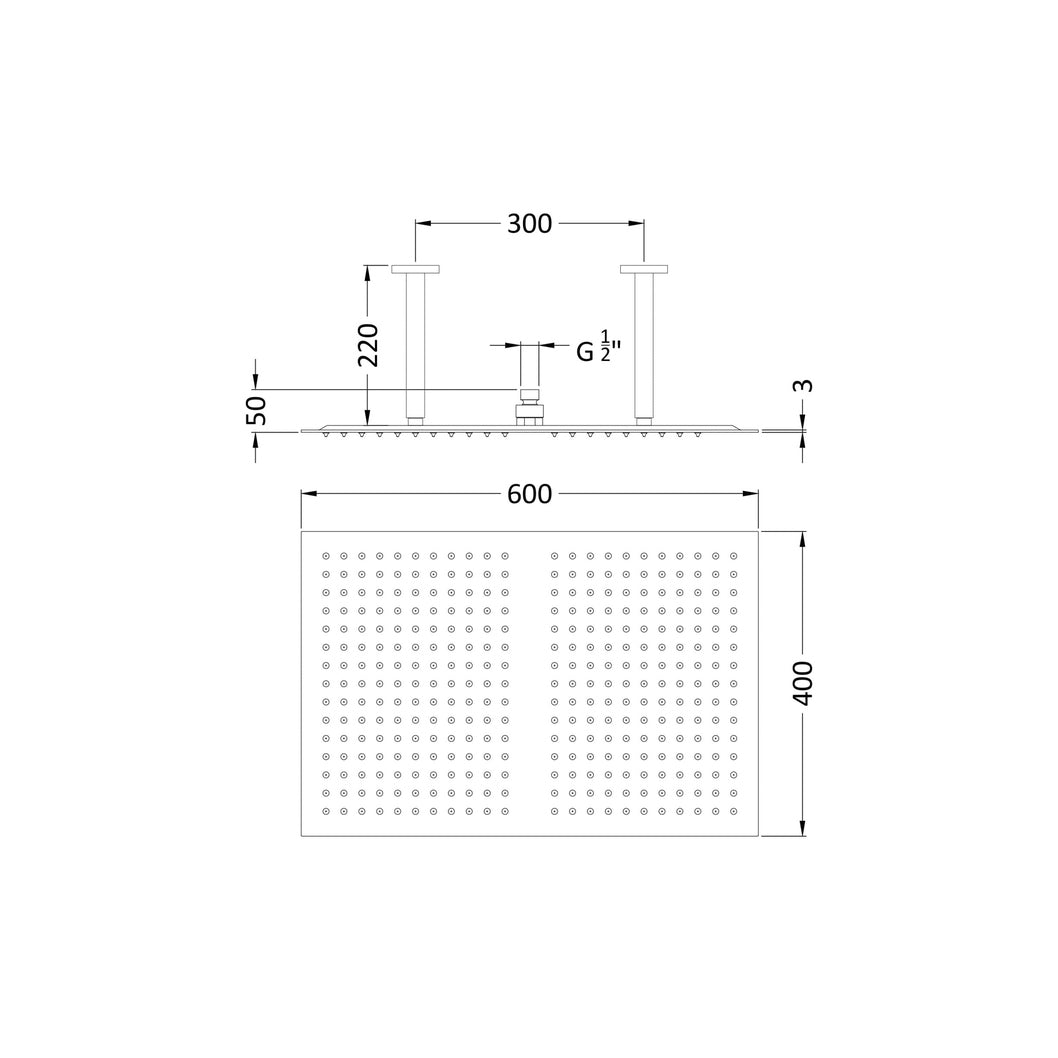 Hudson Reed Fixed Heads Ceiling-mounted Fixed Head Contemp Chrome Stainless Steel 220x400x600mm - JJ Building Materials