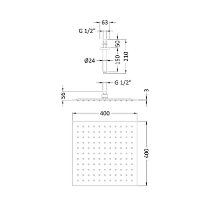 Hudson Reed Fixed Heads Ceiling Mounted Head & Arm Contemp Chrome Stainless Steel 266x400x400mm - JJ Building Materials