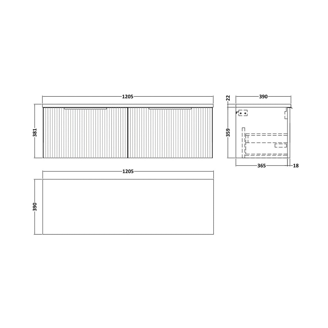 Hudson Reed Fluted 1200 Wall Hung 2-drawer Vanity & Laminate Worktop Contemp Satin Grey MFC Painted Gloss 405x1215x455mm - DFF294LBG2 - JJ Building Materials