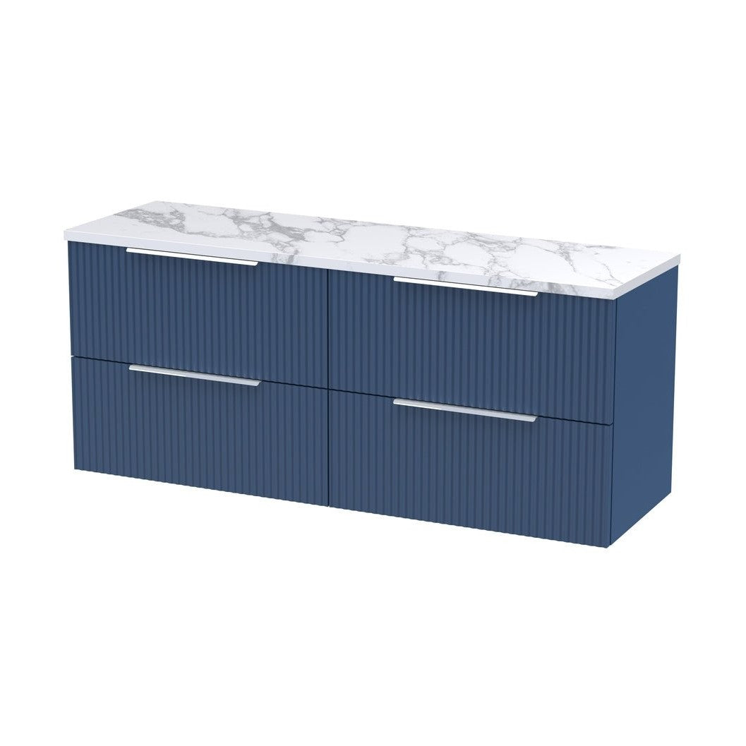 Hudson Reed Fluted 1200 Wall Hung 4-drawer Vanity & Laminate Worktop Contemp Satin Blue MFC Painted Gloss 545x1215x455mm - DFF393LCM2 - JJ Building Materials