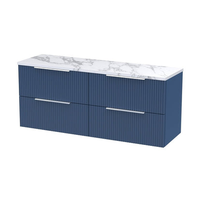 Hudson Reed Fluted 1200 Wall Hung 4-drawer Vanity & Laminate Worktop Contemp Satin Blue MFC Painted Gloss 545x1215x455mm - DFF393LCM2 - JJ Building Materials
