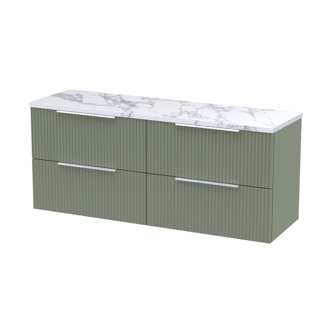 Hudson Reed Fluted 1200 Wall Hung 4-drawer Vanity & Laminate Worktop Contemp Satin Green MFC Painted Gloss 545x1215x455mm - DFF893LCM2 - JJ Building Materials