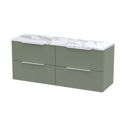 Hudson Reed Fluted 1200 Wall Hung 4-drawer Vanity & Laminate Worktop Contemp Satin Green MFC Painted Gloss 545x1215x455mm - DFF893LCM2 - JJ Building Materials