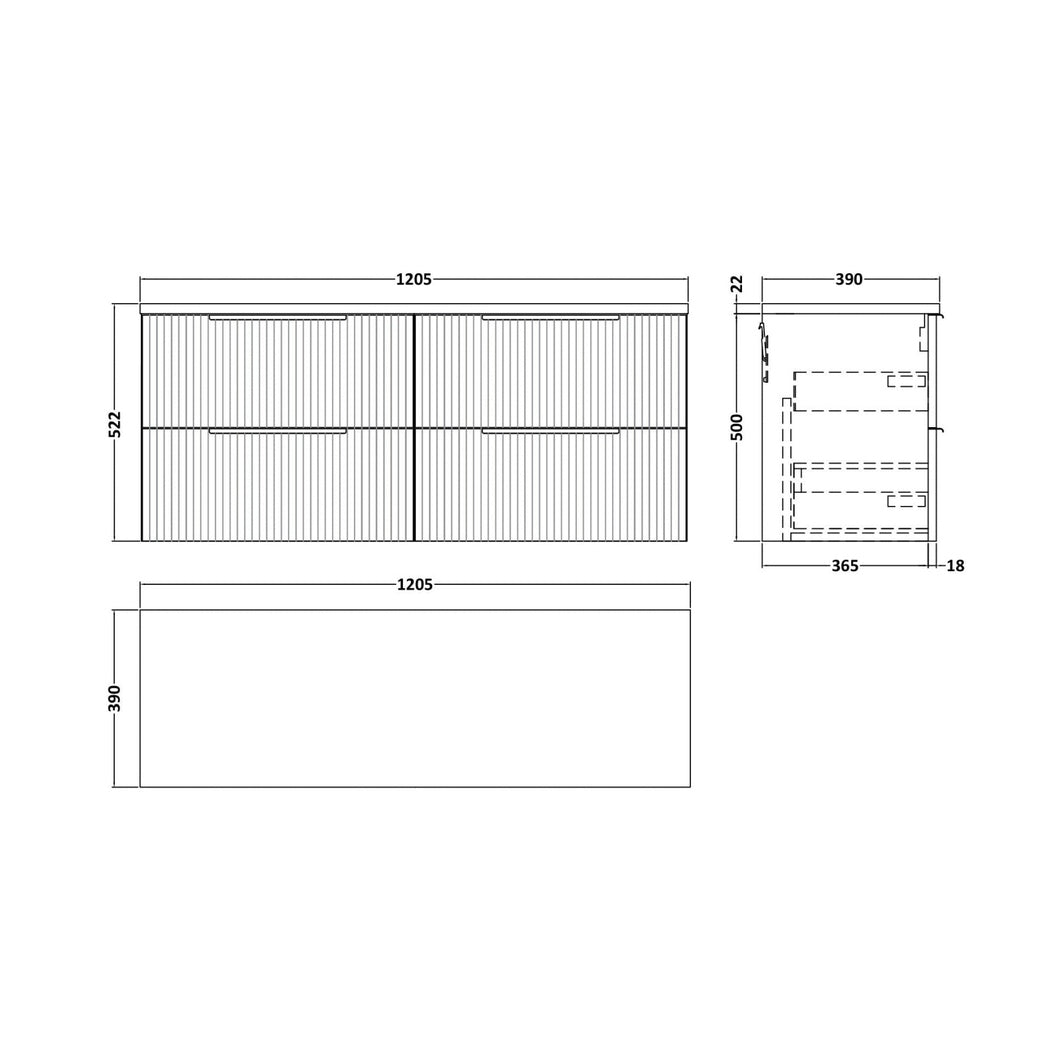 Hudson Reed Fluted 1200 Wall Hung 4-drawer Vanity & Laminate Worktop Contemp Satin Grey MFC Painted Gloss 545x1215x455mm - DFF293LBG2 - JJ Building Materials