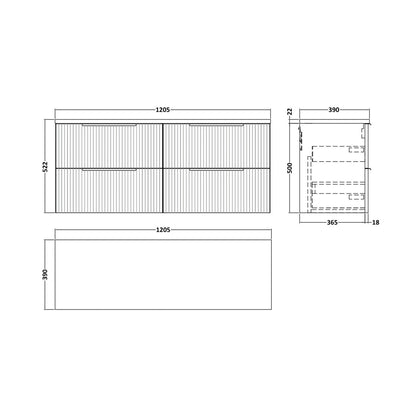 Hudson Reed Fluted 1200 Wall Hung 4-drawer Vanity & Laminate Worktop Contemp Satin White MFC Painted Gloss 545x1215x455mm - DFF193LCM2 - JJ Building Materials