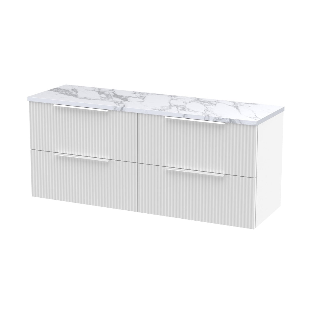 Hudson Reed Fluted 1200 Wall Hung 4-drawer Vanity & Laminate Worktop Contemp Satin White MFC Painted Gloss 545x1215x455mm - DFF193LCM2 - JJ Building Materials
