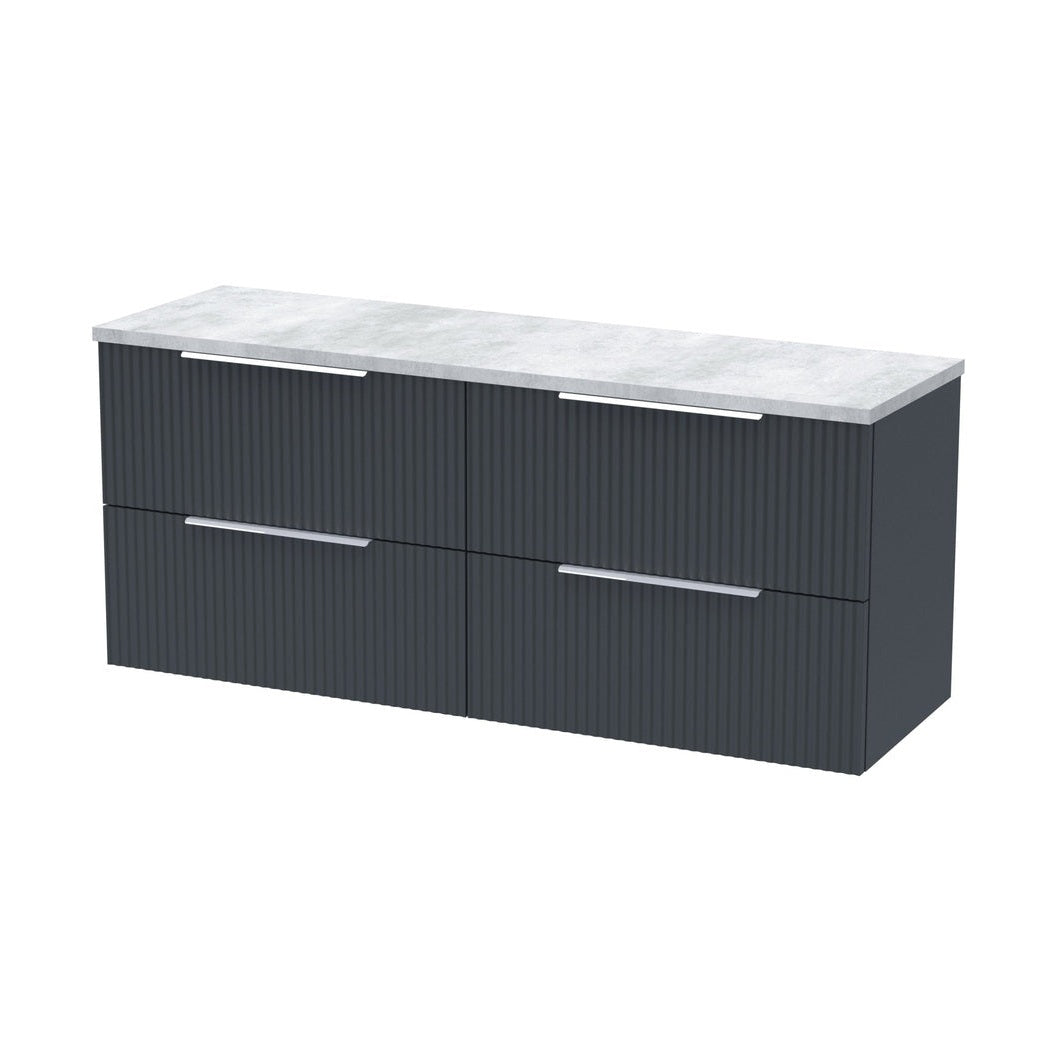 Hudson Reed Fluted 1200 Wall Hung 4-drawer Vanity & Laminate Worktop Contemp Soft Black MFC Painted Gloss 545x1215x455mm - DFF1493LBG2 - JJ Building Materials