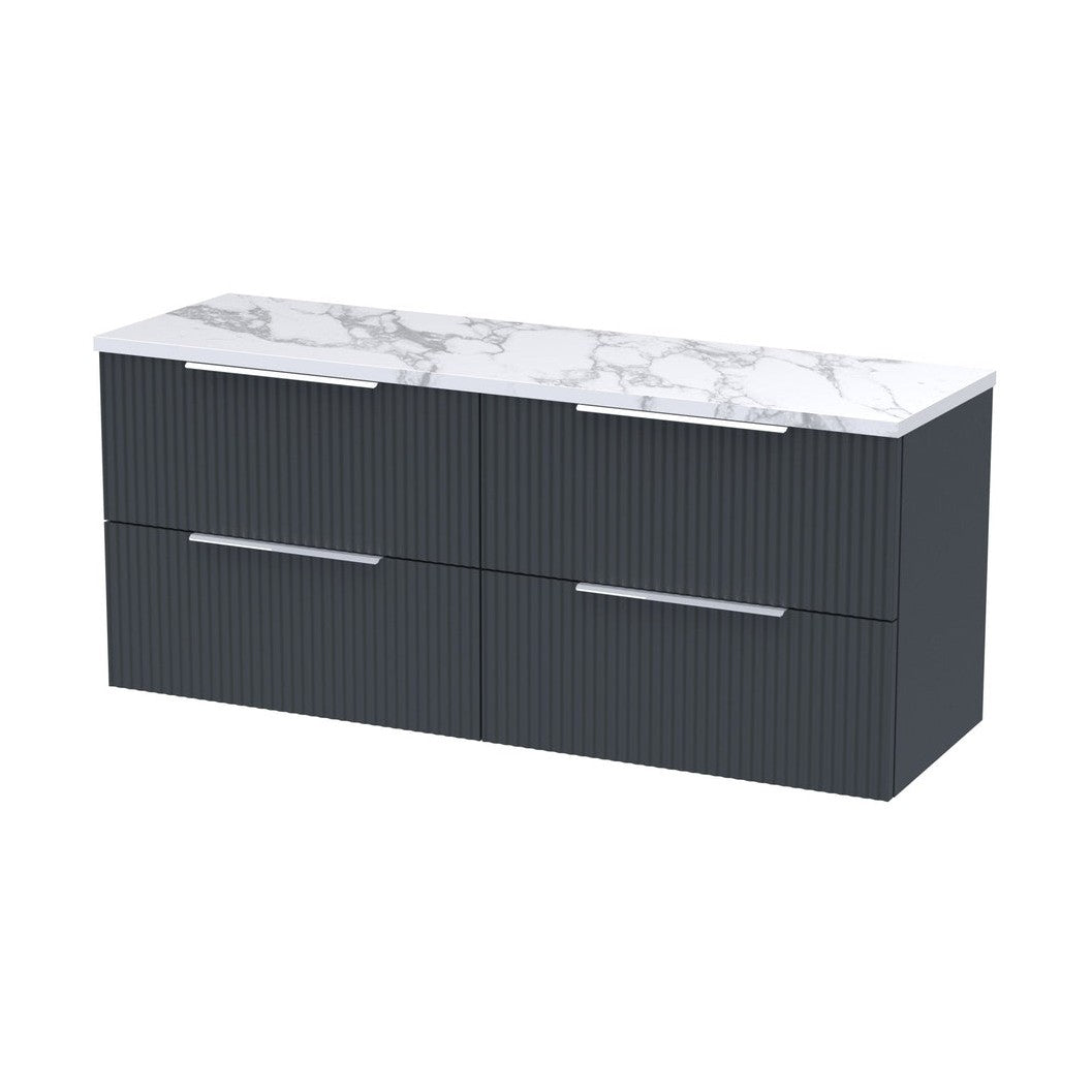 Hudson Reed Fluted 1200 Wall Hung 4-drawer Vanity & Laminate Worktop Contemp Soft Black MFC Painted Gloss 545x1215x455mm - DFF1493LCM2 - JJ Building Materials